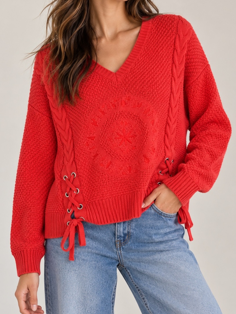 Desigual Red Coral 100% Cotton Lace Up V Neck Knit Sweater Larix Size S